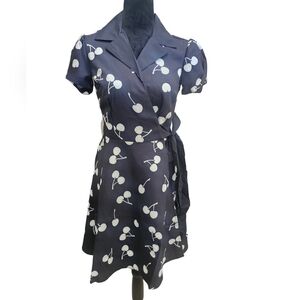 NWT Unique Vintage Black White Cherries Wrap Dress Small 4